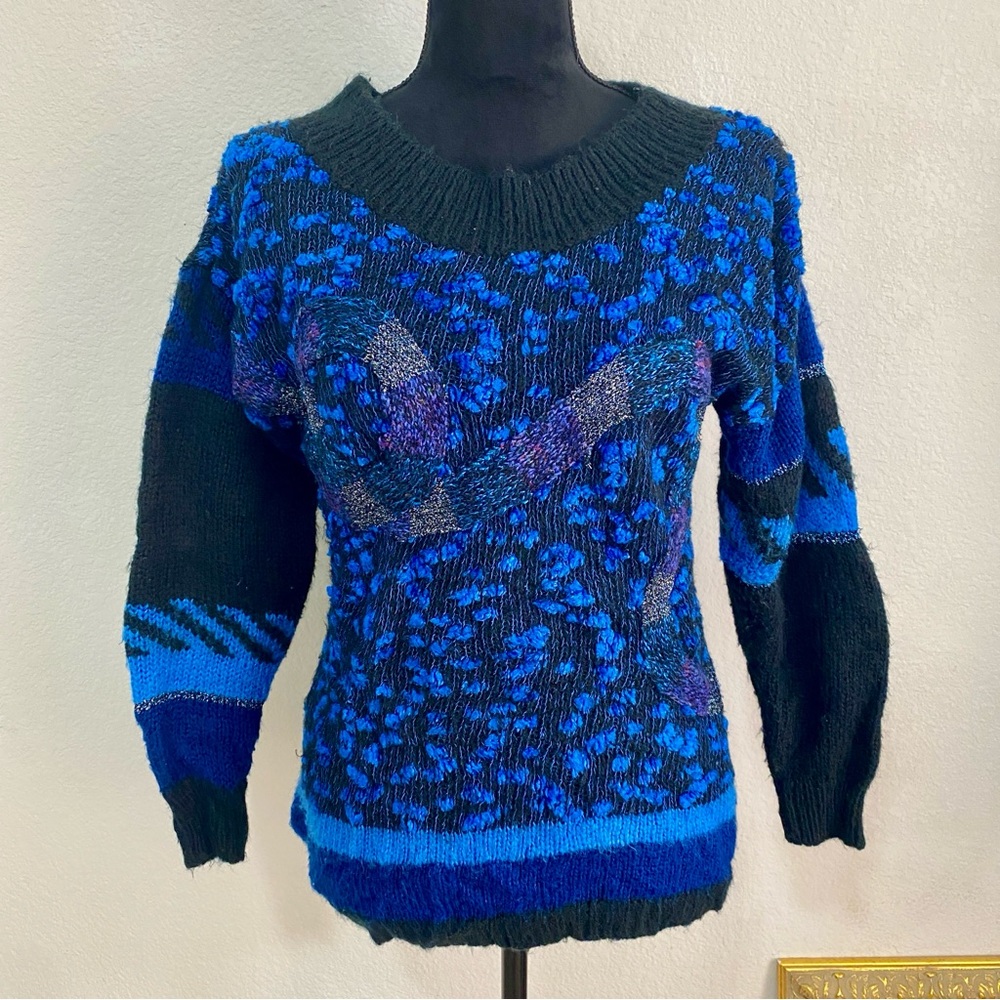 Vintage Women's Carducci Blue Black Patterned 80s Retro Sweater Size M